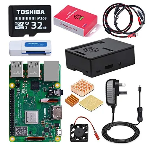 DINOKA Raspberry Pi 3 Modello B+ (Plus) Starter Kit Barebone Madre con Toshiba Micro SD Card 32GB Class 10, Custodia e Power Supply 5V 2.5A con Interruttore