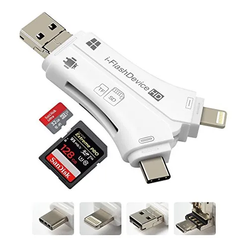 JF 4 in 1 Lettore di Schede di Memoria Esterni Lightning USB 2.0 Flash Drive Reader Card Adapter Adattatore per Schede di Memoria con Connettore Lightning/Micro USB/Type-C e Adattatori OTG