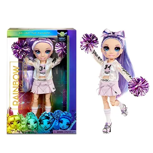 Rainbow High Cheer Fashion Doll - Abiti eleganti, pompon e bambola cheerleader Violet Willow, fashion doll "viola", Serie Rainbow High Cheer, Regalo ottimo a partire dai 6 anni