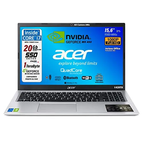 Acer Notebook, Intel i7 1165g7 di 11 th 4, 4.7Ghz, RAM 20 Gb, SSD Pci 1 Tb, 15.6" FHD, Geforce MX450 dedicata, Tastiera retroilluminata, Wi-Fi 6, lan, hdmi, Win 11 Pro, Suite Office, Pronto all'Uso