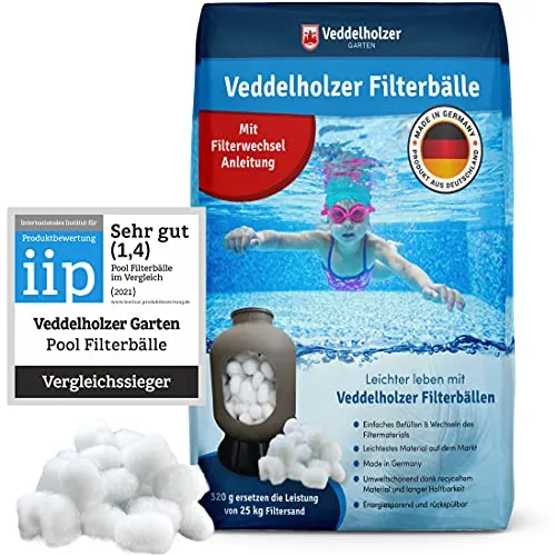 Le Sfere filtranti per Piscina Veddelholzer Sono Prodotte con Il Materiale più Leggero per Un’efficacia Senza paragoni. Sostituiscono 25kg di Sabbia di Quarzo filtrante. Prodotte in Germania