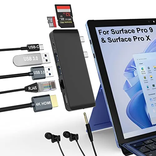 Surface Pro 9 USB C Hub Adattatore con 4K HDMI,USB-C Thunderbolt 4 (Display+Dati+PD),2 USB 3.0,Audio da 3,5 mm,Ethernet 100 Mbps,Lettore SD e TF,Display Triplo (Surface+HDMI+USB C) per Surface Pro 9/X