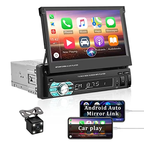 Autoradio Bluetooth con Carplay e Android Auto, 7 Pollici 1 DIN Car Stereo con HD Touchscreen Supporto FM/USB/Aux-in + Telecamera Posteriore