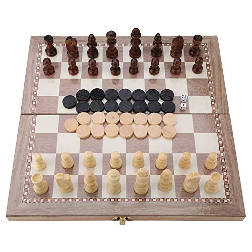 3 in 1 Scacchi e Dama e Backgammon in Legno Gioco da Tavolo Portatile Pieghevole Viaggio Scacchi Gioco Board Dama, Western Doppio Chess Set -11.54 * 11.42in