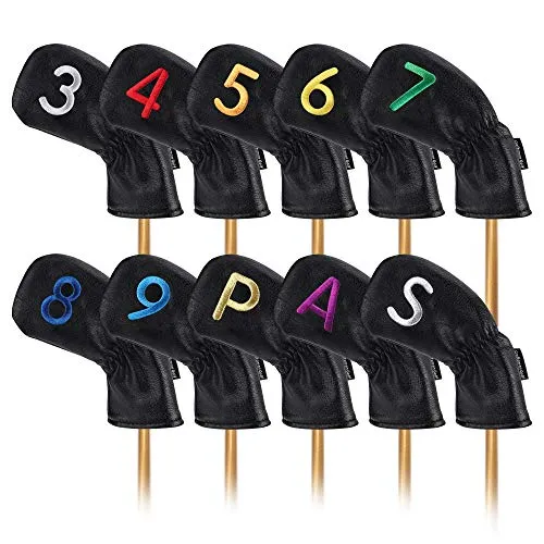 Craftsman - Set di 10 copritesta per Mazze da Golf (3, 4, 5, 6, 7, 8, 9, P, A, S), in Pelle Nera e Ferro, con 10 Diversi Colori su Entrambi i Lati per Golfista Destro e Sinistro.