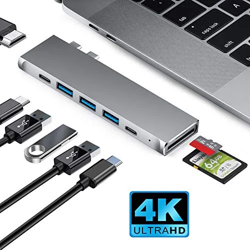 XYC EC HUB USB C, Adattatore USB C con HDMI 4K, Thunderbolt 3, 3 USB 3.0, USB-C Port, Lettore schede SD/TF, Typ C Hub per MacBook Pro 13''&15'' 2019/2018/2017/2016, MacBook Air 2018(Grigio)