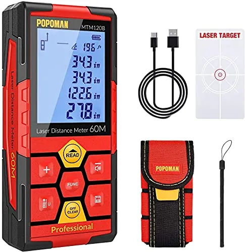 Misuratore Laser 60M POPOMAN, Litio-Batteria, Telemetro laser, USB Carica, 99 dati, M/In/Ft/Ft+in, Sensore di Angolo Elettronico, 2,25'' LCD Retroilluminato, Funzione Mute, Distanza, Area e Volume