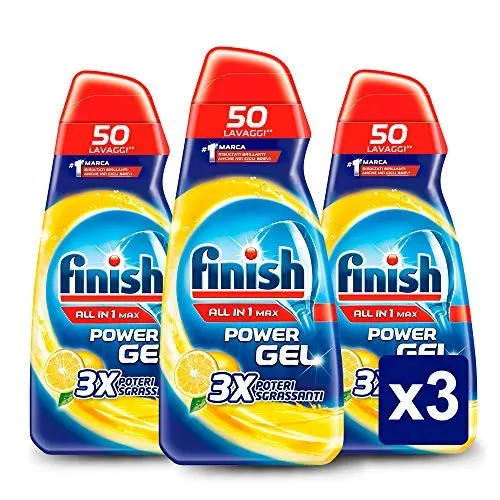 Finish Detersivo Lavastoviglie All in 1 Max Powergel, Limone, 3 x 1000 ml, 150 Lavaggi