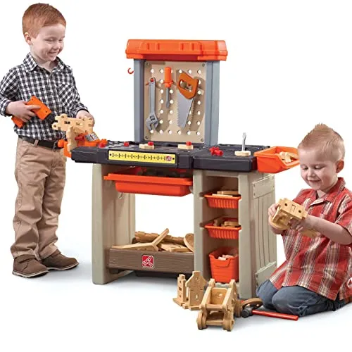 Step2 Handyman Workbench Banco da lavoro giocattolo in arancione | Banco da lavoro per bambini incl set di accessori da 30 pezzi | Giocattoli di plastica