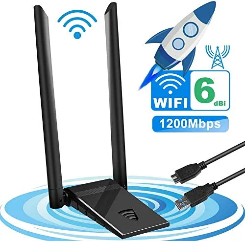 Tokenhigh Adattatore Antenna WiFi USB, Dual Band WiFi 1200Mbps (300Mbps/2.4G & 867Mbps/5.8G) Wireless Chiavetta WiFi Dongle per PC/Desktop/Laptop/Windows 10/8/7/ Vista/XP/Linux Mac OS