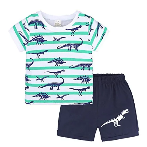 Jimmackey 2Pcs Bambino Ragazzi Completo Set Striscia T-Shirt Pigiama Stampa Dinosauri Cime + Stampato Bimbo Pantaloncini (Verde, 7 Anni)