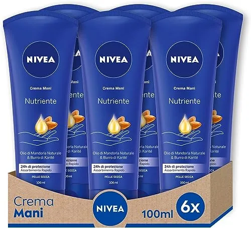 NIVEA Crema Mani Nutriente in Confezione da 6 x 100 ml, Crema Nutriente Arricchita con Olio di Mandorla, Crema Profumata per le Mani dalla Formula Idratante