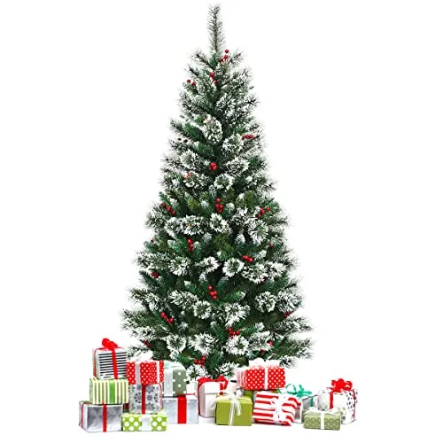 GOPLUS Albero di Natale innevato, abete artificiale con bacche rosse, con base pieghevole di metallo, design rigoglioso, facile da montare, in PVC, perfetto come decorazione (180cm)