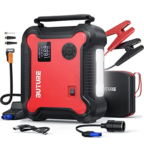 BuTure Avviatore Batteria Auto 4 IN 1 con Compressore Portatile 3500A 27000mAh Booster Avviamento Auto (Tutti i Motori a Benzina o Diesel 8L) Avviatore Emergenza per Auto con Display LCD, Torcia LED