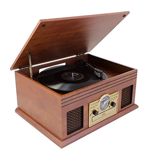 Karcher NO-036 Nostalgie - Centralina musicale in legno - Impianto compatto con giradischi, lettore CD, Bluetooth, lettore cassette, USB e radio