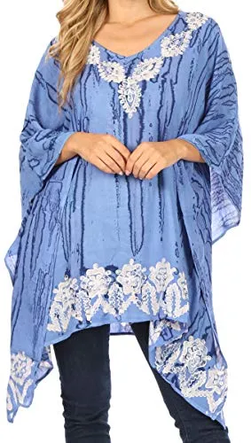 Sakkas 1802 - Alizia Leggera Batik Top Camicia Tunica con Ricamo Caftano Coprispalle Poncho - Sky Blue - OS