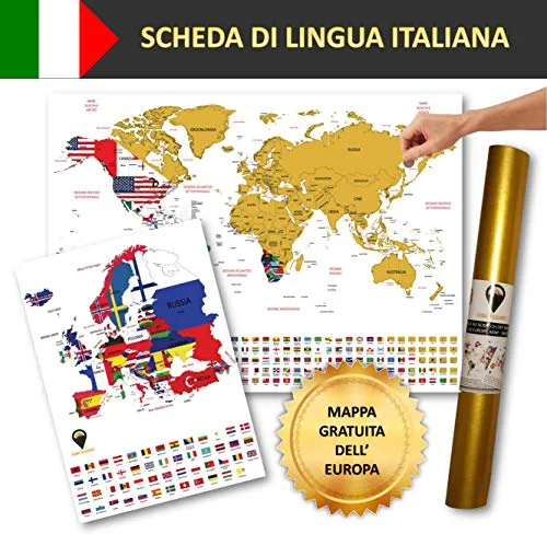 Global Walkabout ITALIANO - A2 Mappa del graffio del mondo e A3 Mappa del graffio dell'Europa con sfondi bandiera - Mappa del mondo Deluxe Poster e mappa dell'Europa Poster - Regalo di viaggio (White)