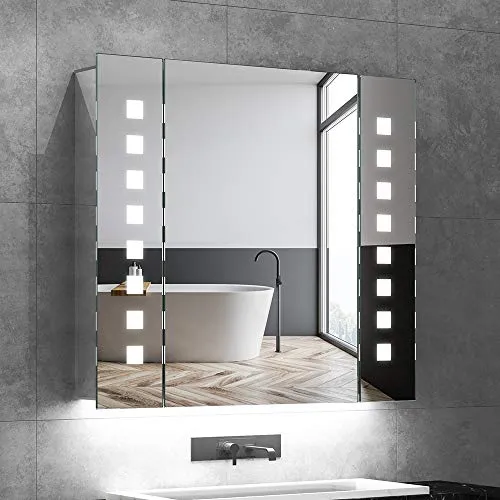 Quavikey Armadietto da Bagno con Specchio e Illuminazione LED 65x60x13 cm Retroilluminazione, Presa per Rasoio, antiappannamento, Interruttore sensore IR