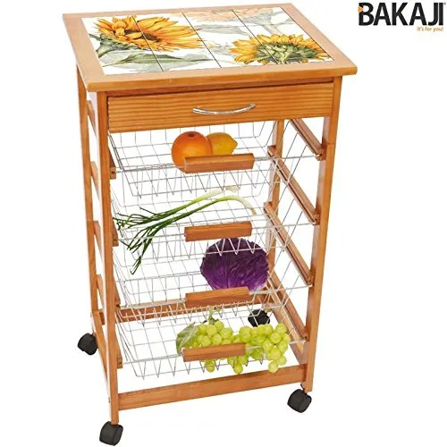 BAKAJI Carrello Cucina in Legno con Cassetto Portaposate e 3 Cestelli Acciaio, Ripiano Top in Ceramica con Mattonelle Decoro Girasole, Tavolino Cucina da Servizio 4 Ruote girevoli (12 mattonelle)