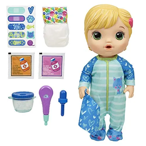Hasbro E69375X0 Baby Alive- Mix My Medicine Blonde Baby Doll- Drinks & Wets- Incl Kitty-Cat Pajamas & Doctor Accessories- Interactive Toys for Kids- Ages 3+, Blue/ Skin/ Yellow, Height: 34 centimeters