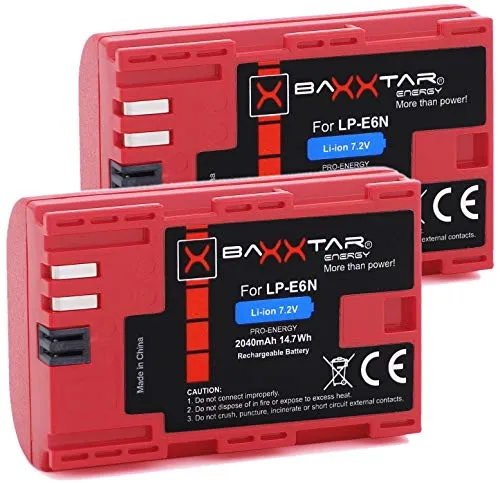 Baxxtar PRO - 2x LP-E6N (2040mAh reale) Batteria di qualità con Infochip, sistema intelligente - Compatibile con Canon EOS R 90D 80D 70D 60D 60Da 7D 6D I II 5D I II III IV XC10 XC15 ...