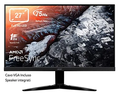 Acer KG271BMIIX Monitor Gaming FreeSync da 27", Display Full HD (1920x1080), 75 Hz, 16:9, Tempo di Risposta 1 ms, Luminosità 300 cd/m2, VGA, 2 x HDMI, Audio In/Out, Speaker Integrati, Nero