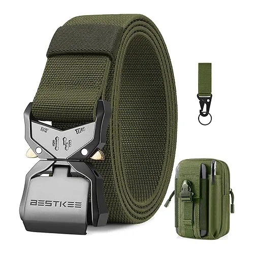 BESTKEE Cintura tattica, cintura da lavoro militare da 3,8 cm, cintura in nylon nero resistente con fibbia metallica a rilascio rapido, regalo con sacca tattica MOLLE e gancio