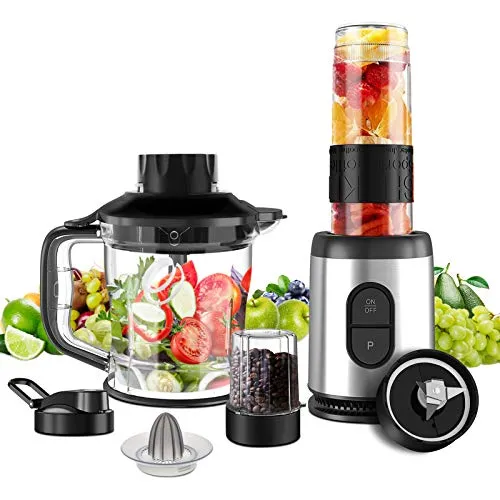 NWOUIIAY Frullatore 5 in 1 800W Frullatore Tritatutto Multifunzione con 3 Senza BPA Bottiglie Anti-rottura per Tritatutto/Macinacaffe/Frullati e Smoothie/agrumi Arancio spremiagrumi