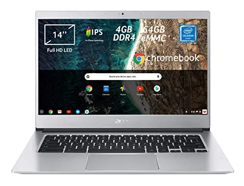Acer Chromebook 514 CB514-1H-C0N4 Notebook Portatile, Intel Celeron Quad Core N3450, RAM 4 GB DDR4, eMMC 64 GB, Display 14" IPS Full HD LED LCD, Intel HD 500, PC Portatile, Google Chrome, Silver