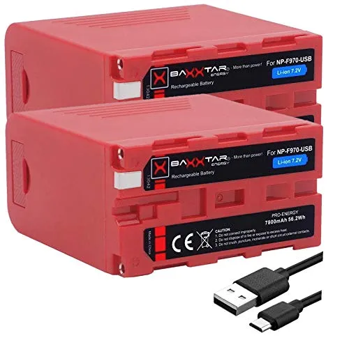 Baxxtar PRO Energy (2X) - Batteria di Ricambio per Sony NP-F970 USB, 7800 mAh, con Uscita USB e Ingresso Micro USB