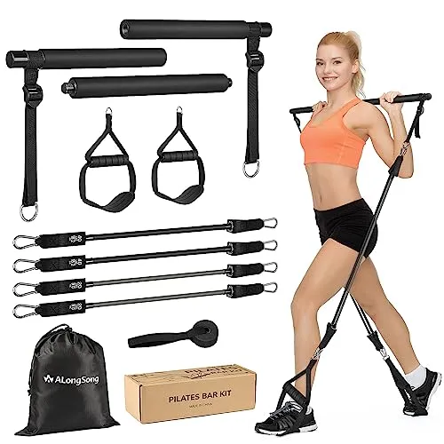 ALongSong Barra Pilates Bar, Kit Fascia di Resistenza Professionale Essenziale per Principianti, 4 Fasce Elastiche Totali da 120 Libbre, Barra per Pilates per Bodybuilding in Casa e in Palestra