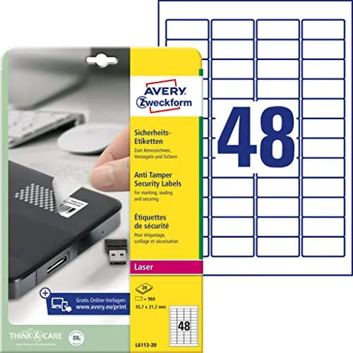 Avery Zweckform, L6113-20, 20 Fogli, Etichette identificative, in poliestere da utilizzare come sigillo di garanzia, 45, 7 x 21, 2 mm