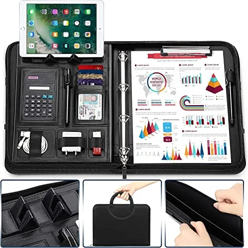 wilbest Cartella Portadocumenti A4 Pelle con Cerniera e Telefono Stand e 2 Tasche&Loop Elastici,Padfolio Cartelle Raccoglitore Ad Anelli,Calcolatrice,Porta Documenti Organizer Borsa (NERO-01)