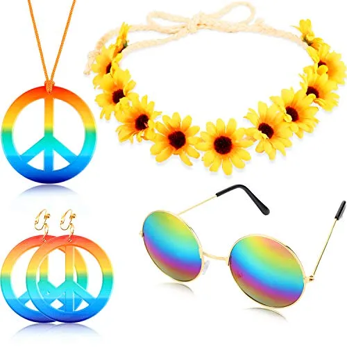 4 Pezzi Hippie Costume Set Include Arcobaleno Pace Segno Collana Orecchino Girasole Cerchietto e Rotondo Hippie Occhiali da Sole 60s 70s Festa Accessori Pace Set