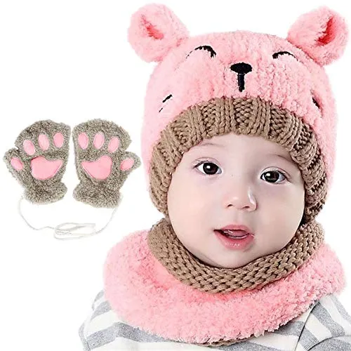 Bearbro Bambino Cappello Inverno, Infantile Invernale del Bambino ha Lavorato a Maglia Il Cappello con la Sciarpa Guanti 3 Pezzi Bebè Maschietto Ragazza (Rosa)