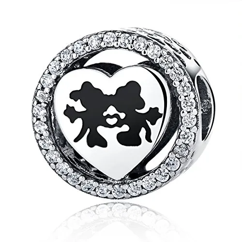 Ningan Charm in argento Sterling 925, con immagine di Mickey e Minnie Mouse della Disney, zirconia cubica trasparente, compatibile con altri charm europei e Argento, cod.