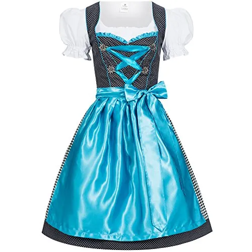 Gaudi-Leathers Bavarese Dirndl Set Karla Blu 3 Pezzi Costume Tipico Tirolese per Oktoberfest Carnevale Donna 44