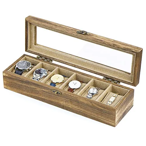 SRIWATANA, scatola per 6 orologi, in legno, con finestra in vetro, regalo per uomo e donna