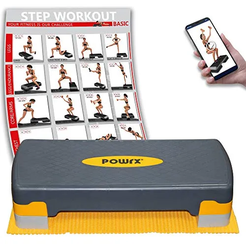 POWRX - Step Fitness casa con Altezza Regolabile, Tappetino Antiscivolo & PDF Workout - Step da Aerobica (Nero/Mango)