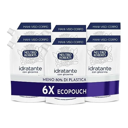 Neutro Roberts, Sapone Liquido Ecopouch Idratante Con Glicerina, Ricarica Ecologica di Sapone Liquido per Le Mani - Dermatologicamente Testato, Senza Sapone - 6 Flaconi da 400 ml