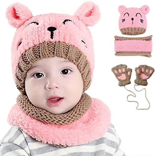 INSANY Cappello Bambino Invernale Sciarpa e Guanti 3 Pezzi, Neonato Cappelli Lavorato a Maglia Caldo con Sciarpa Guanti Unisex (Rosa)