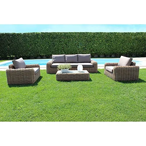 Milani Home s.r.l.s. Salotto da Esterno per Portico e Giardino in Rattan Naturale e 12 Cuscini, D.220 x 85 x 62/P.110 x 85 x 62/T.110 x 60 x 28