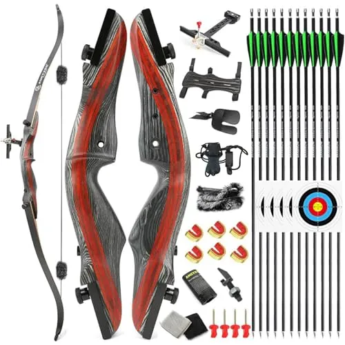 MILAEM 62" Takedown Ricurvo Arco e frecce Set Riser in Legno Arco da Caccia Pratica Bersaglio Longbow 20lbs 25 lbs 30 lbs 35 lbs 45 lbs 45 lbs 50 lbs Mano Destra (Nero, 45lbs)