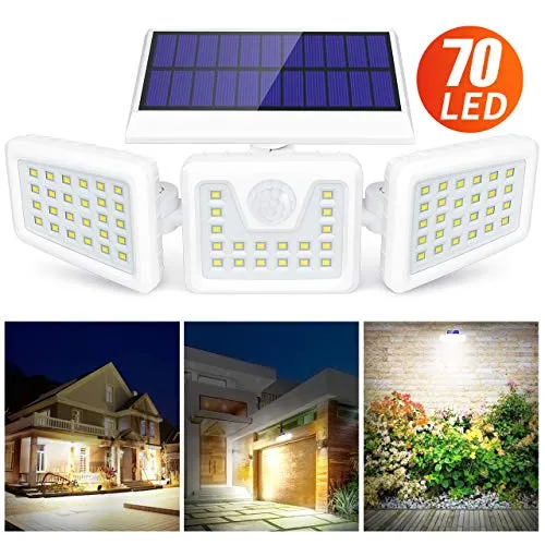 Claoner Luce Solare LED Esterno, 70 LEDs Lampade Solari da Esterno con Sensore di Movimento IP65 Impermeabile Lampade da Parete Solare 3 Teste Orientabile 360° per Giardino, 1200 lumen