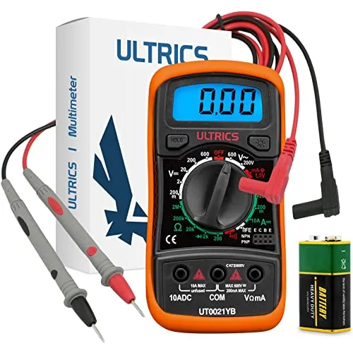 ULTRICS Multimetro Digitale Professionale, Amperometro Voltmetro Ohmmetro, Mini Portatile Multimeter Elettrico Amp Ohm Volt AC e DC Corrente Tensione Resistenza Diode hFE Transistor Continuità Tester