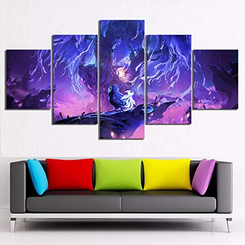 Shentop 5 Pezzi Cartoon Landscape Poster Pictures Ori And The Blind Forest Game Poster Artwork Quadri su Tela Wall Art for Home Decor-Cornice