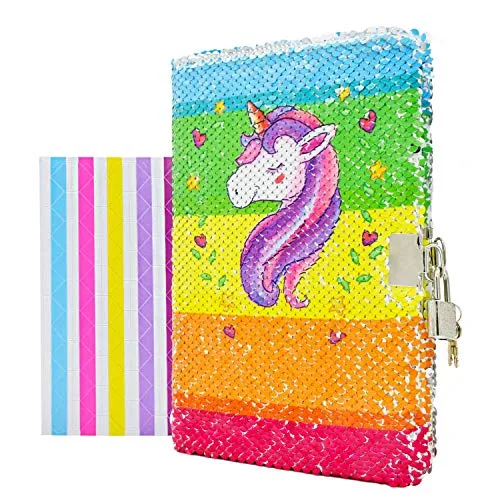 VIPbuy, diario per bambine a tema unicorno, con lucchetto, chiave e paillette reversibili, formato A5, a righe, con angoli per foto, dimensioni 21,5 cm x 14 cm, 156 pagine Unicorno, arcobaleno.