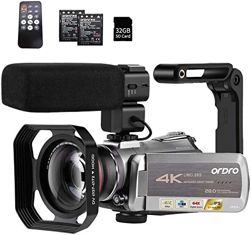 4K Videocamera ORDRO 4K Ultra HD 30FPS Videocamera digitale Videoregistratore WiFi Visione notturna IR Touchscreen IPS da 3,1"con microfono stereo, Obiettivo grandangolare, Stabilizzatore portatile