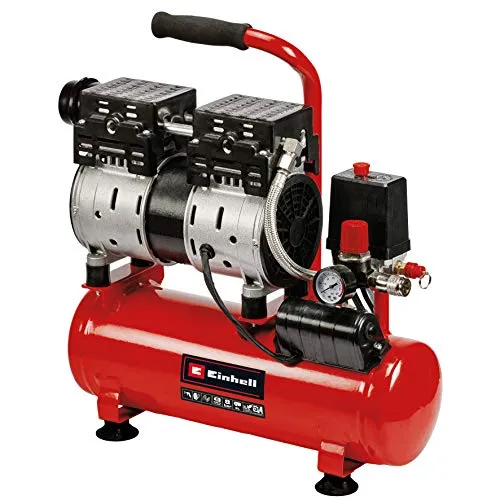 Einhell TE-AC 6 Compressore silenziato (220-240 V, 550 W, serbatoio aria 6 l, max 8 bar, portata aria max 75 l/min., cilindri 2, autolubrificato -no olio, carrellato, inc. 1 manometro, solo 57 dB(A))