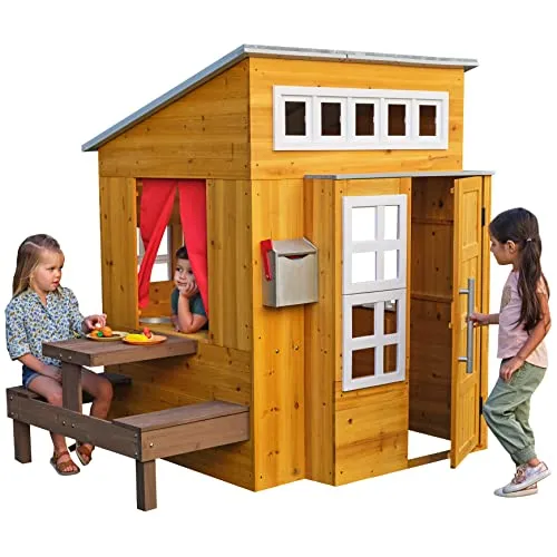 KidKraft Moderna Casetta da Giardino per Bambini con Cucina Giocattolo e Tavolo da Giardino in Legno, Giochi da Giardino per Bambini, Parco Giochi Esterno, 00182